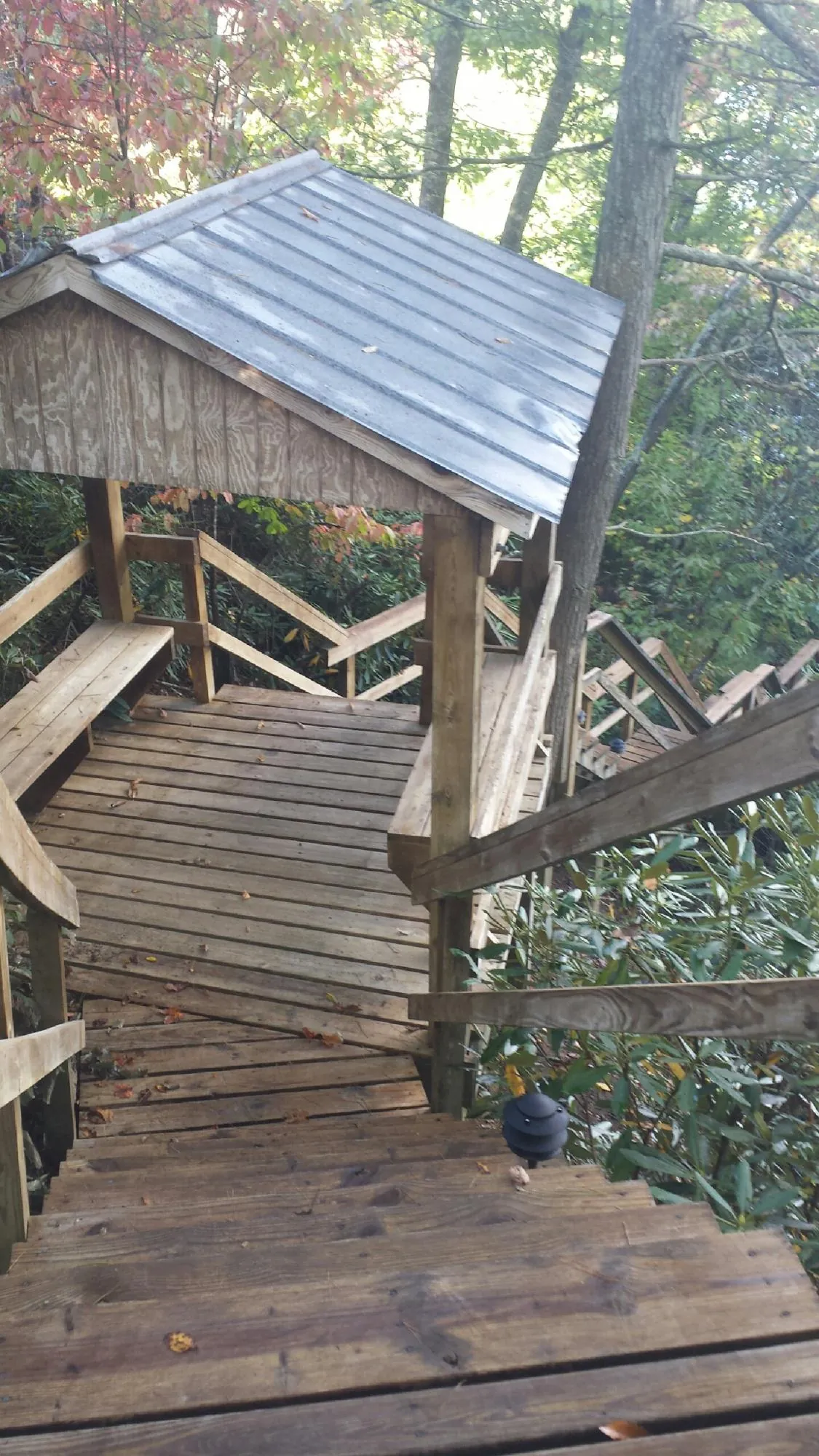 Metal roofed shelter over wooden steps on a wooded walkway — Skylight Repair & Installation work by our crew in Alpine